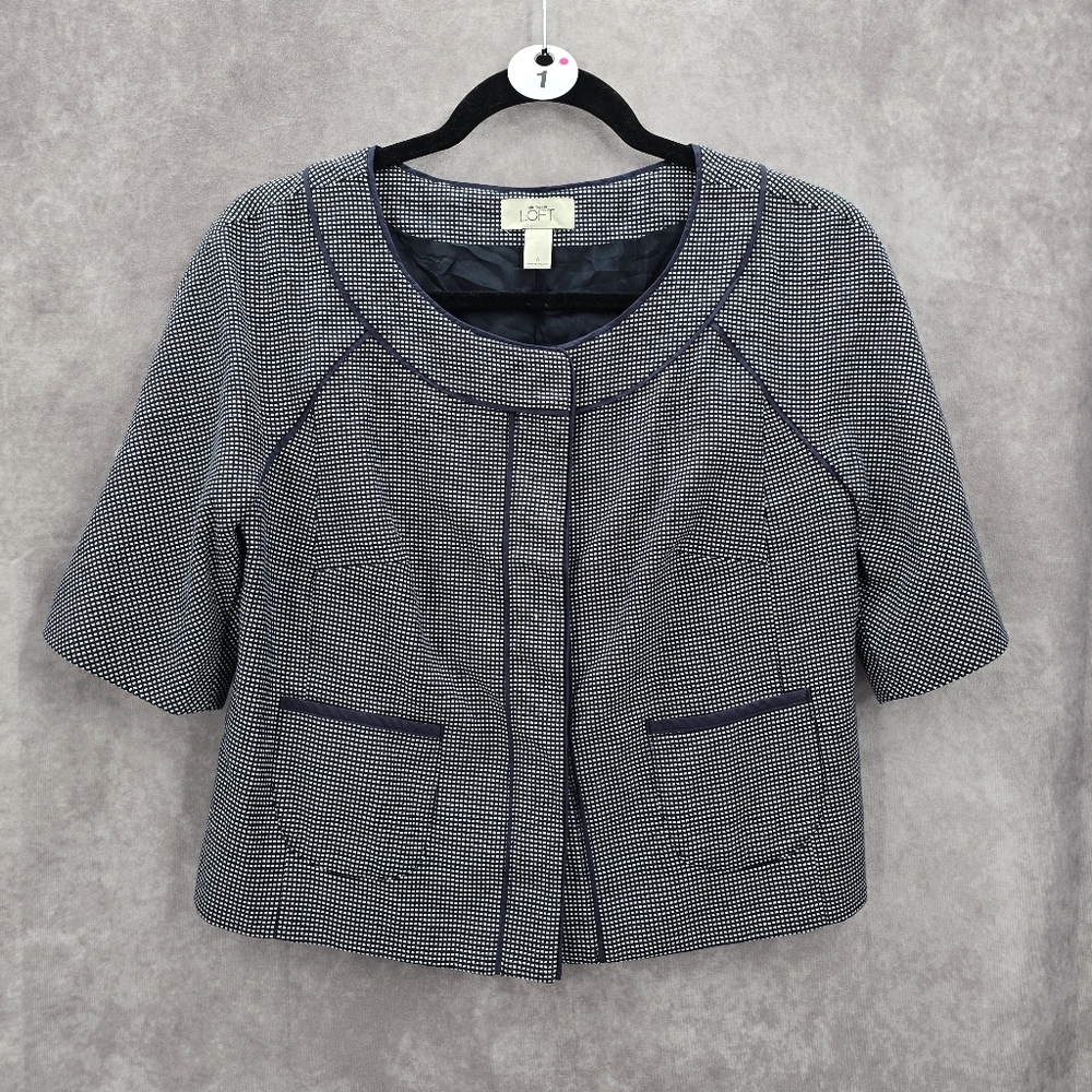 Ann Taylor Blue Cotton Polka Dot Crop Short Preppy Jacket Coat Top S Small 6